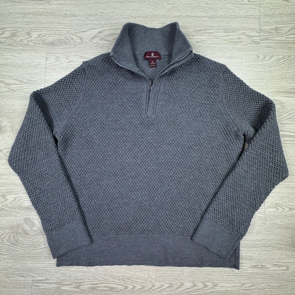 Bruno Magli Men's Quarter Zip Sweater Gray XL 100% Merino Wool Textured Pullover
